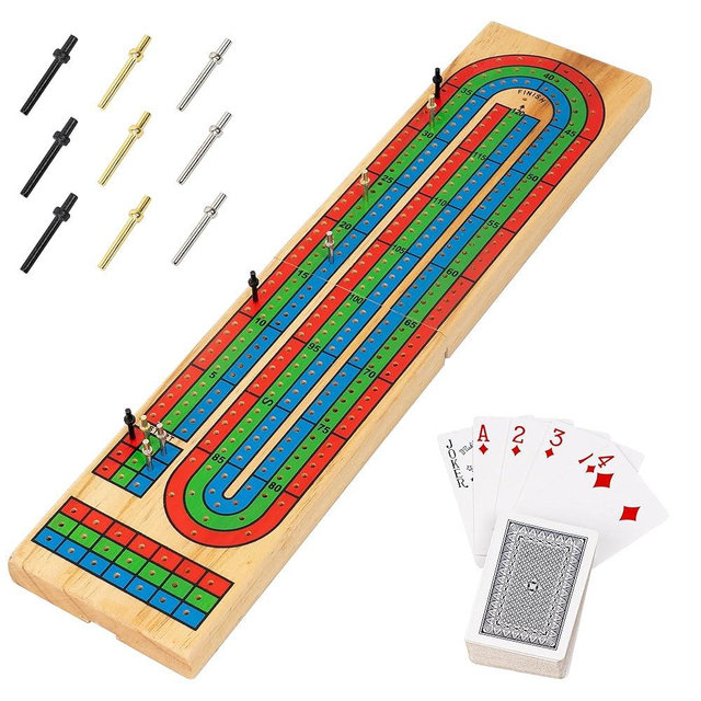 FUNPENY Traditional Wooden Cribbage Board Game Set, 3-Track Color Coded with Metal Pegs and Deck of Playing Cards