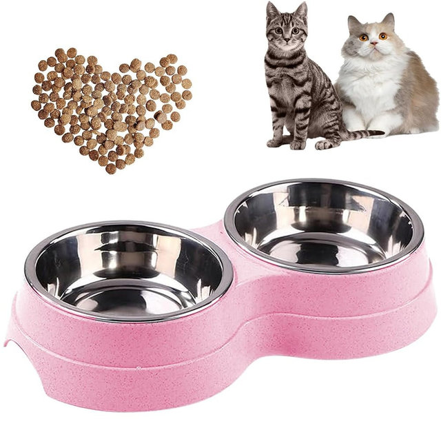 AKEISHE Double Cat Food Bowl -Stainless Steel Bowls with Easy-to-Clean Detachable Design, Non-Slip Base, Pet Feeder for Kittens and Medium Cats (Pink)
