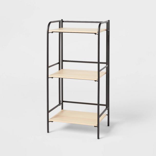 Folding 3 Shelf Narrow Black Metal with Natural Wood Shelves - Brightroom™