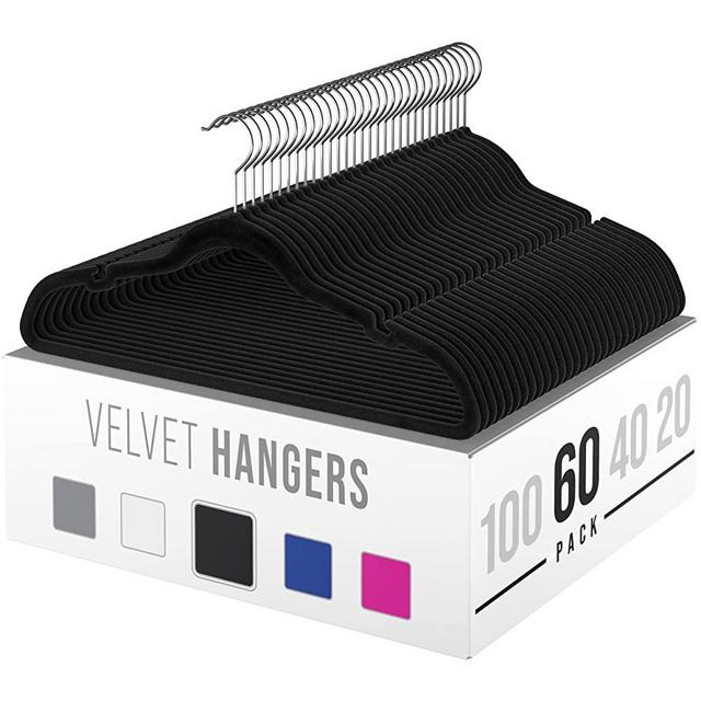 Velvet Clothes Hangers (20, 40, 60, 100 Packs) Heavy Duty Durable Coat and Clothes Hangers | Vibrant Color Hangers | Lightweight Space Saving Laundry Hangers (60 Pack - Black)