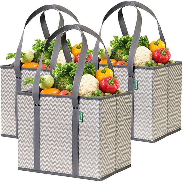 Reusable Grocery Shopping Box Bags (3 Pack - Chevron). Large, Premium Quality Heavy Duty Tote Set with Extra Long Handles & Reinforced Bottom. Folding, Collapsible, Durable and Eco Friendly