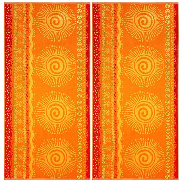 COTTON CRAFT Malibu Sun and Sea Set of 2 Oversized Cotton Jacquard Woven Velour Beach and Pool Towels, 39 inch x 68 inch, Orange/Yellow