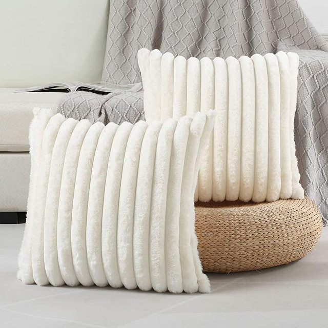 FUTEI Cream White Striped Throw Pillow Covers 18x18 Inch Set of 2,Square Cushion Case,Home Decorative Couch Pillow Cover,Soft Cozy Faux Rabbit Fur & Velvet Back,Modern Neutral Decor for Bed,Sofa