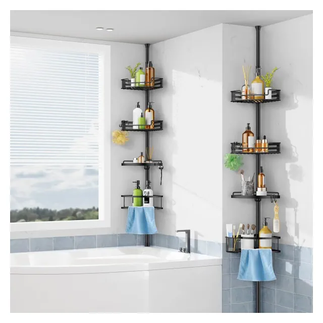 HAMITOR 4-Tier Shower Caddy, Adjustable Tension Pole , Rustproof Freestanding Bathroom Organizer for Shampoo, Towels, Bathtub Storage.