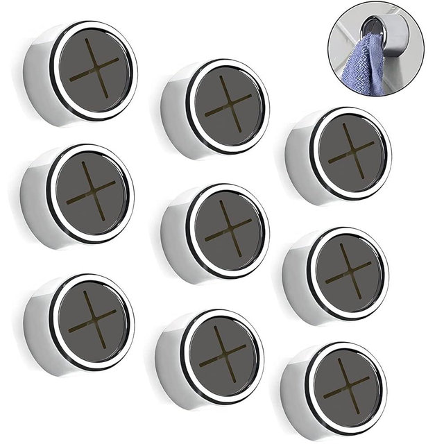 9 Pieces Kitchen Towel Hooks Round Adhesive Dish Towel Hook Premium Chrome Finish & Easy Installation Wall Mount Hand Towel Hook Ideal as Bathroom, Shower or Outdoor Towel Holders