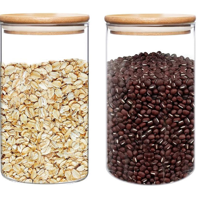 umieo Large Glass Flour and Sugar Containers 50oz Set of 2, Glass Jar with Airtight Lids, Clear Storage Containers with Bamboo Lids for Rice, Oat, Nuts, Candy, Cereal, Coffee, Beans