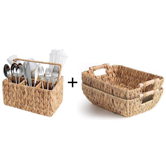 StorageWorks Wicker Flatware Organizer + 2-pack Hand-Woven Large Storage Baskets