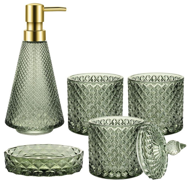 YCWF Glass Bathroom Accessories Set,5Pcs Green Vintage Bathroom Accessory Set, Bathroom Counter Sink Toothbrush Holder Set Includes Hand/Lotion Soap Dispenser & 2 Tumbler & Soap Dish & Qtip Holders