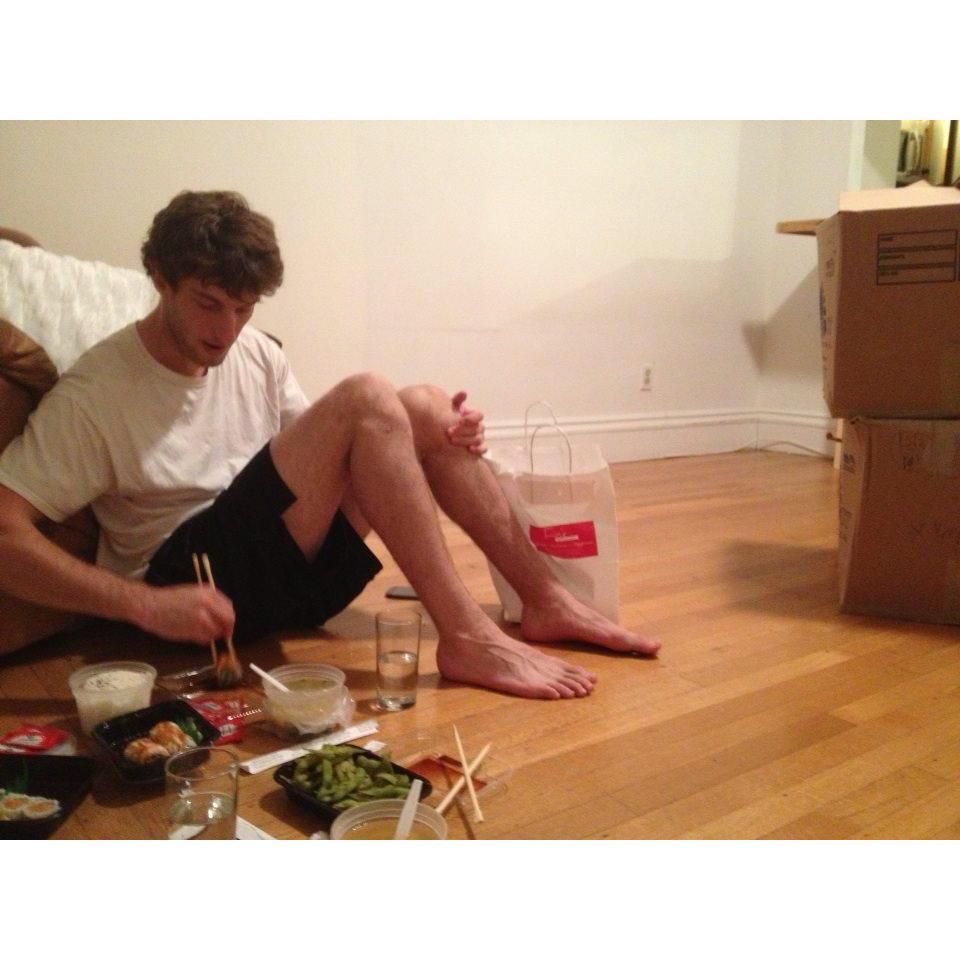 A sushi dinner on the floor of our first night after moving in together. Isabelle's cousin Evan lived in the same building a few years later!