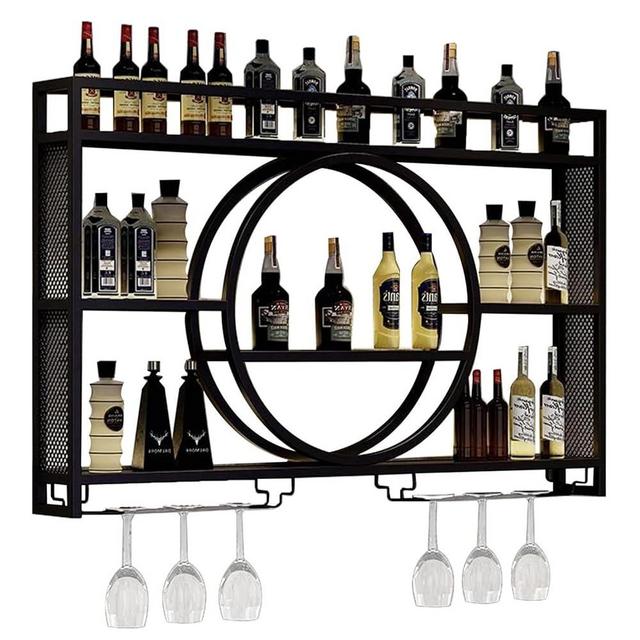 Modern Wine Storage Rack Wall Mounted With LED Light With Wine Glass Holder,Iron Bar Liquor Shelf,Floating Wall Wine Shelves,Bar Liquor Bottle Display Shelf For Kitchen Bar Decoration Gold/Black ( Col