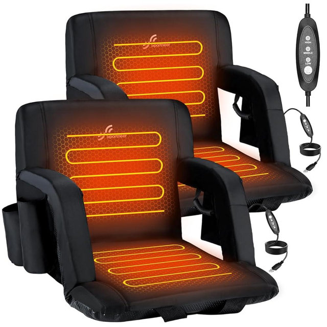 Sportneer Heated Stadium Seats with Back Support: 6 Adjustable Angles Extra Wide Bleacher Seat with Dual Heating Zones - 2.5" Padded Stadium Seats for Sports Outdoors, 2 Pack