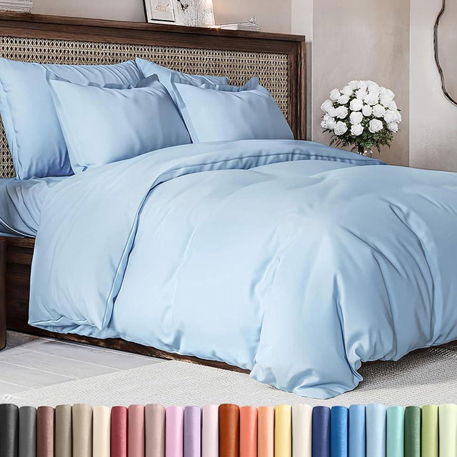 Duvet Cover Queen Size Set - Extra Soft Queen Duvet Cover 90" x 90" with 2 Pillow Shams - Hotel Luxury, Easy Care & Fade Free w/ Zipper Closures & Ties - All Season, Comfy and Breathable (Sky Blue)