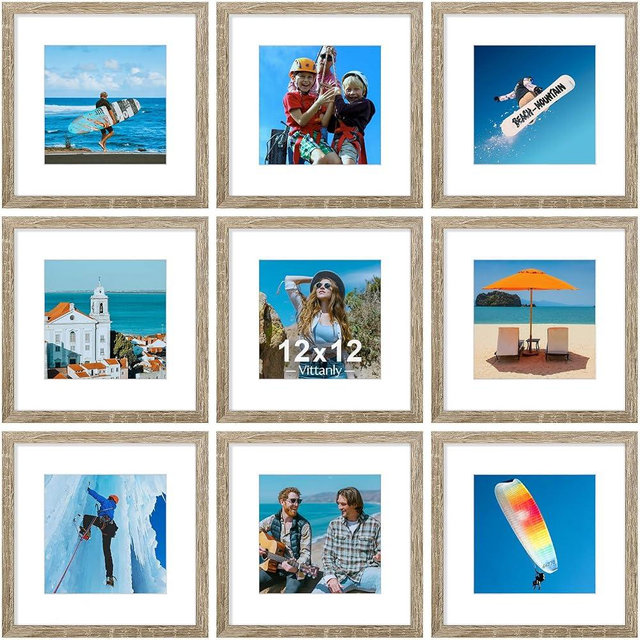 Vittanly 12x12 Picture Frames Set of 9, Display 8x8 Pictures with Mat or 12x12 without Mat, Photo Frames for Wall Mount, Engineered Wood, Light Wood