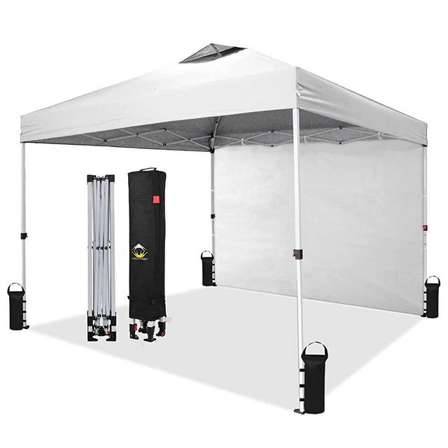 CROWN SHADES 10x10 Pop up Canopy Instant Commercial Canopy with 1 Removable Sidewall,4 Ropes & 8 Stakes & 4 Weight Bags,STO'N and Go Bag, White