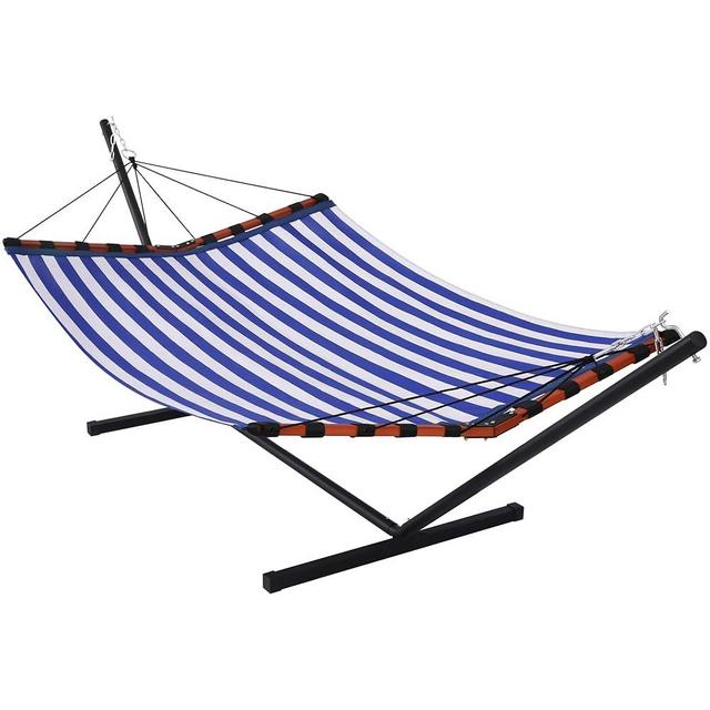 TegerDeger 12FT 2 Person Hammock with Stand Included 55 x 79IN Large Hammock Quick Dry 450LB Capacity with V Shaped Hardwood Spreader Bar & Nylon Rope for Outside, Patio, Garden - Tender Blue Stripes