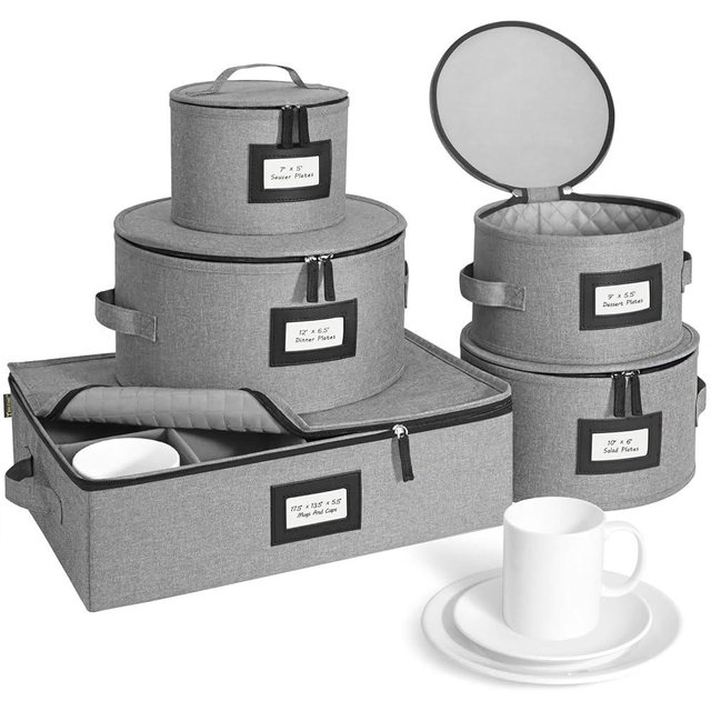 BALEINE China Storage Containers, Hard Shell Case for Organizing, Stackable Moving Storage Box with Felt Plate Dividers for Dishes, Glasses, Mugs (Plate Mug Combo)