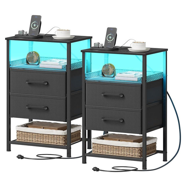 JARHETUN Nightstand Set of 2 with Charging Station, Night Stands with LED Lights, 26.4 Inch Tall Bedside Table with Metal Shelf, Side Table with 2 Fabirc Drawers for Bedroom, Black