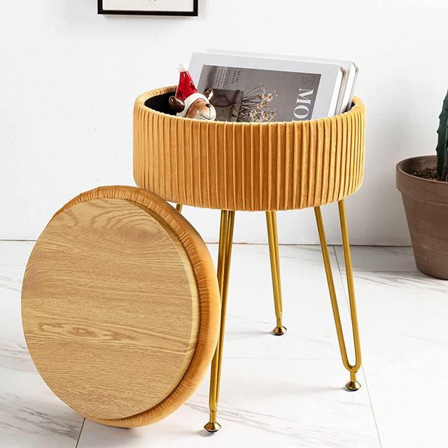 Velvet Storage Ottoman Foot Rest, Upholstered Pleated Round Footrest Vanity Stool with Metal Legs, Coffee Table Top Cover, Modern Accent Stools,Makeup Footstool, Suitable for Living Room and Bedroom