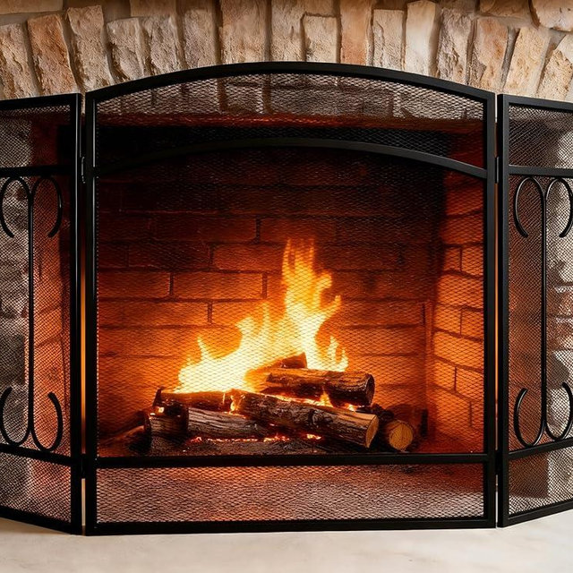 Gtongoko 3 Panel Fireplace Screen 48" W x 29" H Modern Wrought Iron Decorative Large Fire Spark Guard Grate Heavy Duty for Living Room Home Outdoor Decor - Black