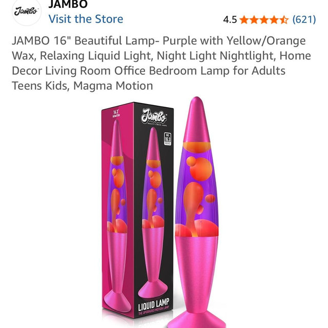 JAMBO 16" Beautiful Lamp- Purple with Yellow/Orange Wax, Relaxing Liquid Light, Night Light Nightlight, Home Decor Living Room Office Bedroom Lamp for Adults Teens Kids, Magma Motion
