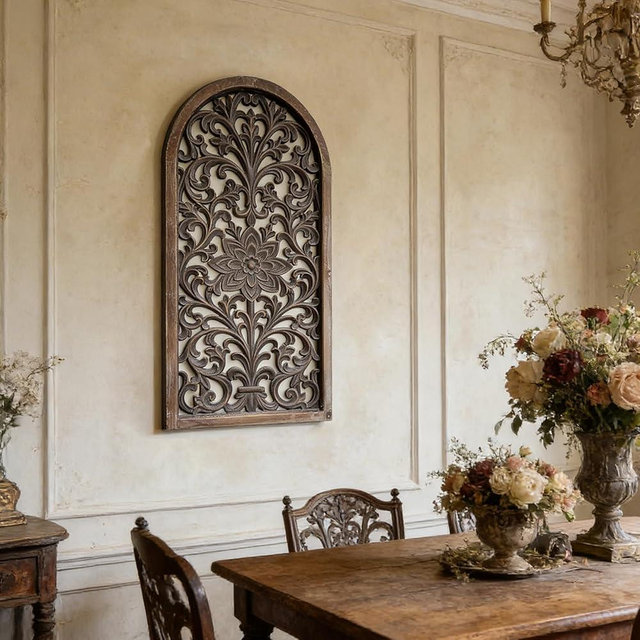 XIAOAIKA Arched Vintage Wall Decor Panel with Distressed Solid Wood Frame and Ornate Carved Floral Relief Design, European Style Decorative Wall Art for Living Room Bedroom Entryway, 16 x 32 Inch