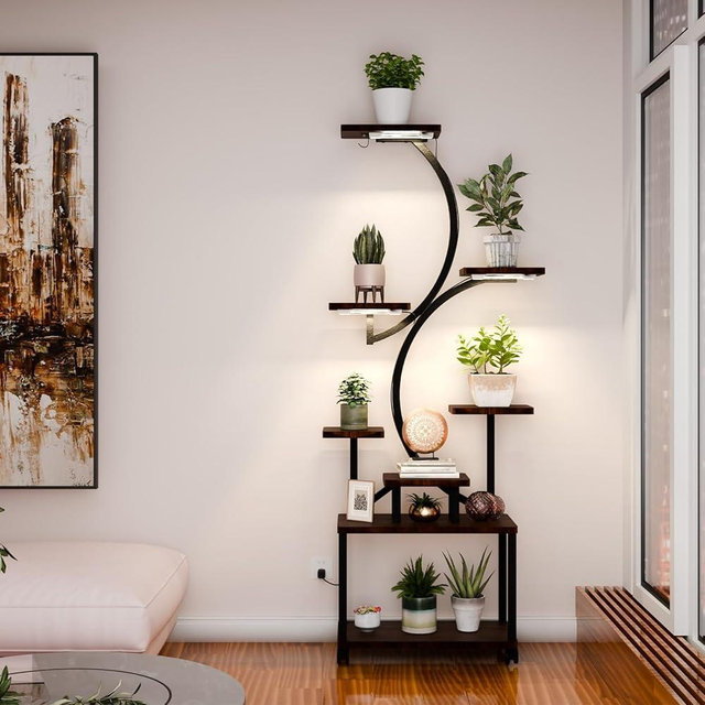 Plant Stand Indoor with Grow Lights, 61" Tall 8 Tiered Plant Shelf with 4 Wheels, Flower Stand for Multiple Indoor Plants, S-Shaped Plant Rack, Multi-tier Planter Pot Holder for Balcony, Garden, Patio