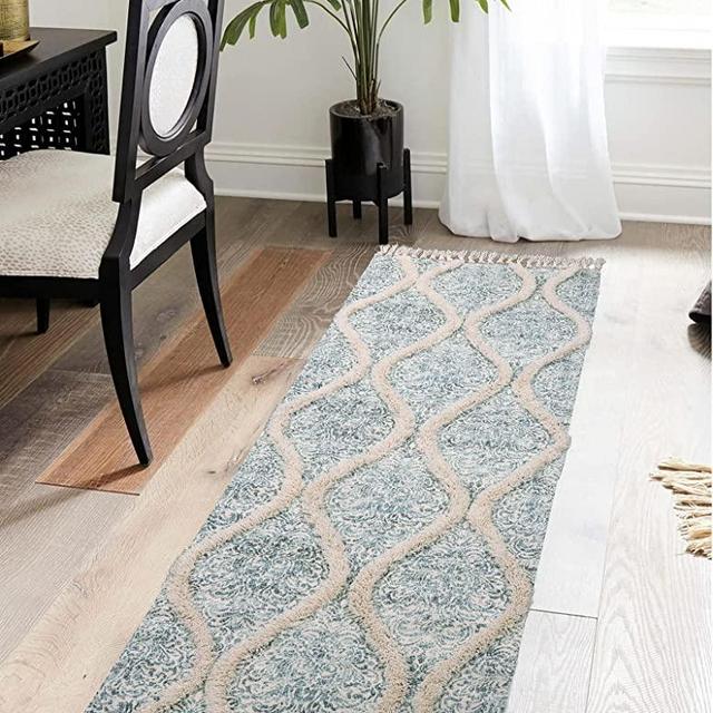 Uphome Hallway Runner Rug 2' x 6' Washable Cotton Woven Boho Rugs Blue Vintage Printed Entryway Runner with Tassels Farmhouse Moroccan Tufted Floor Mats for Laundry Room Kitchen Bathroom Porch