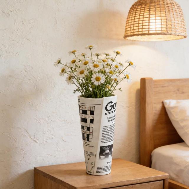 Newspaper Ceramic Vase: Black White Polka Dot Retro Home Decor Flower Holder