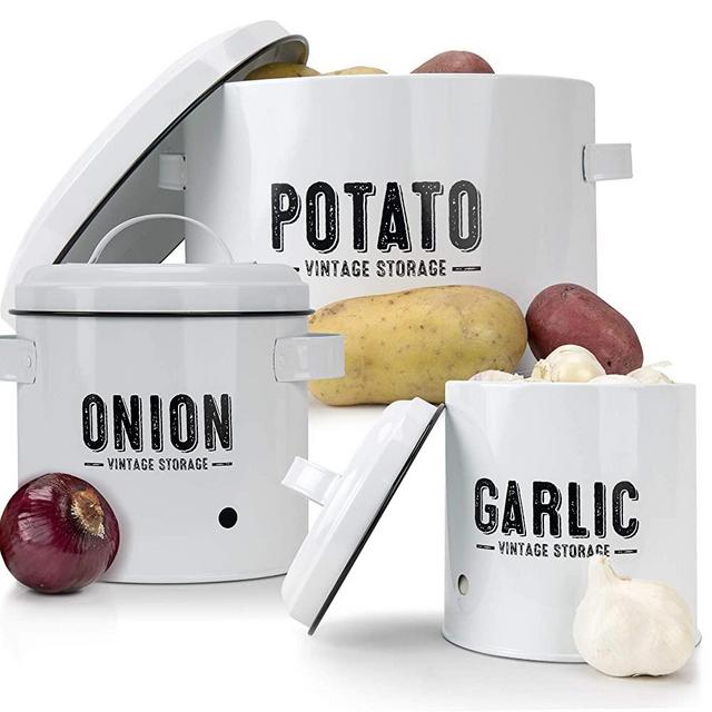 Aesthetic Farmhouse Kitchen Storage Canister Set of 3 - Keeps Potatoes, Onions and Garlic Fresh and Tasty