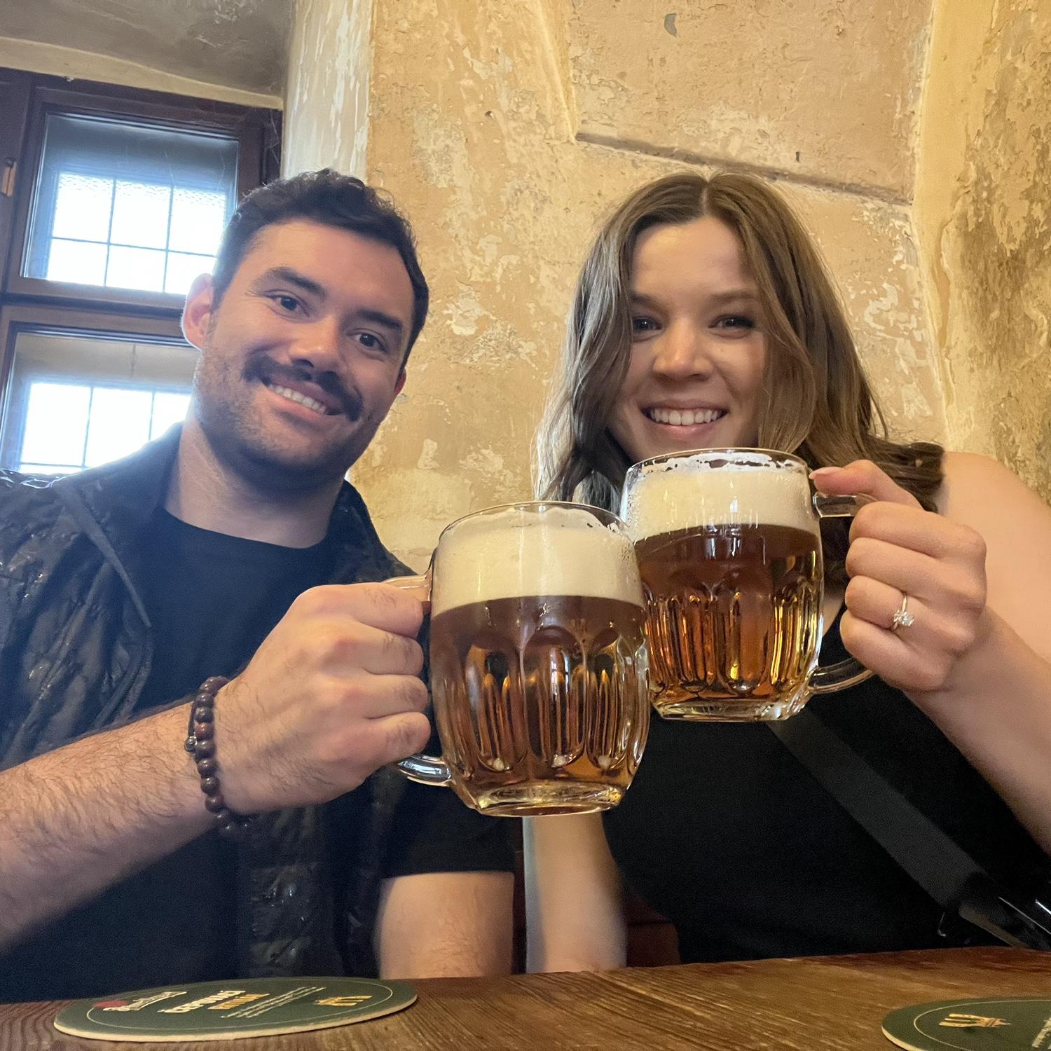 A photo we took the day we got engaged on our zoo bar crawl through Prague!