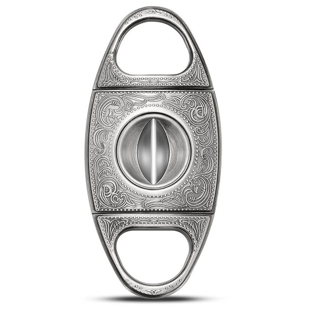 CIGARLOONG Cigar Cutter Stainless Steel Bronze Engraved V Cut Blade Cigar Guillotine(Silver)
