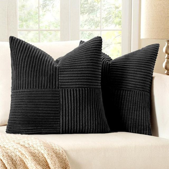 MIULEE Black Corduroy Pillow Covers Pack of 2 Boho Decorative Spliced Throw Pillow Covers Soft Couch Pillowcases Cross Patchwork Textured Cushion Covers for Living Room Bed Sofa 20x20 inch