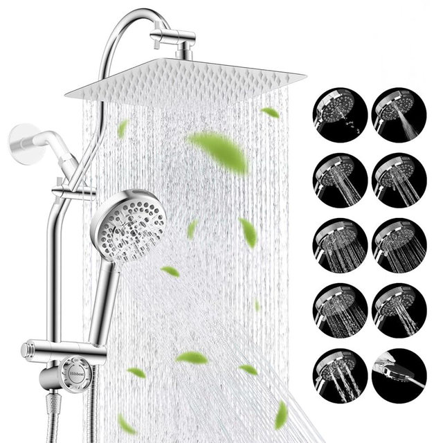 Hibbent cUPC Certified All Metal 10" Rainfall Showerhead Combo, High Pressure Shower Head with 10-Spray Mode Handheld, Innovative 4-way Diverter with Pause Mode, 71'' Shower Hose and Holder, Chrome