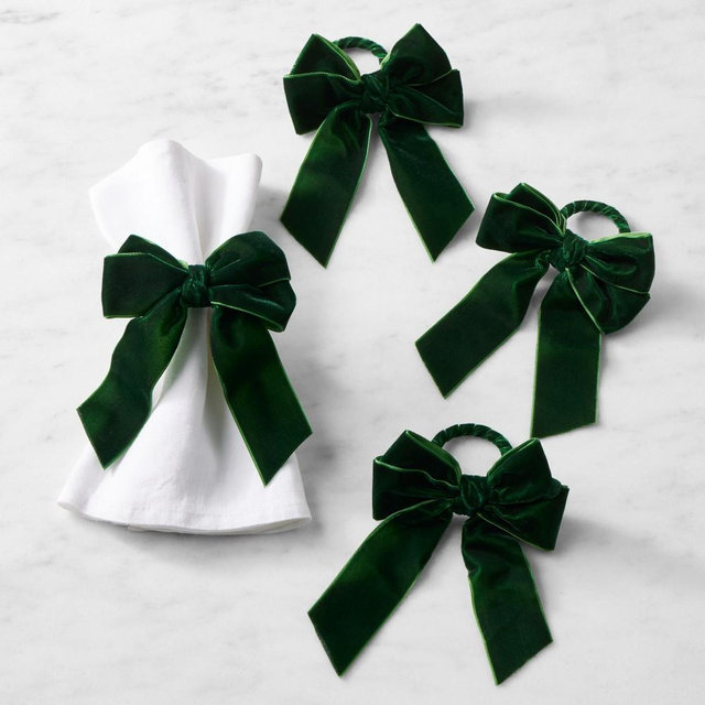 Velvet Bow Napkin Rings, Set of 4, Green