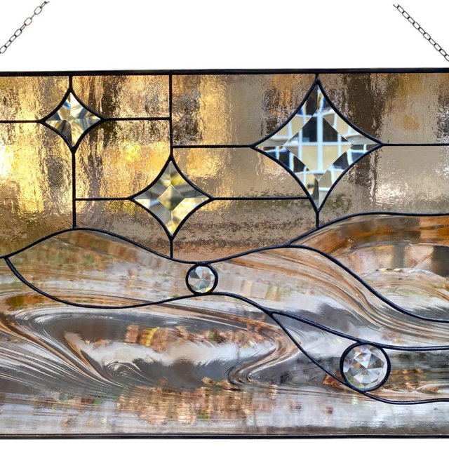 Abstract Bevels Stained Glass /Stained window glass 11.8 "x 15.7" /Mid century modern /stained glass front door/ stain glass window for sale