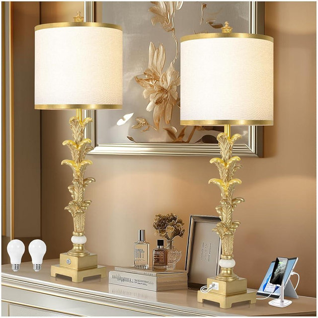Touch Control Table Lamps Set of 2, 3-Way Dimmable Nightstand Lamps with USB A+C Ports, 33'' Tall Buffet Lamps with White Shade, Gold Leaf Finish Lamp for Bedroom Living Room Dinning House Office