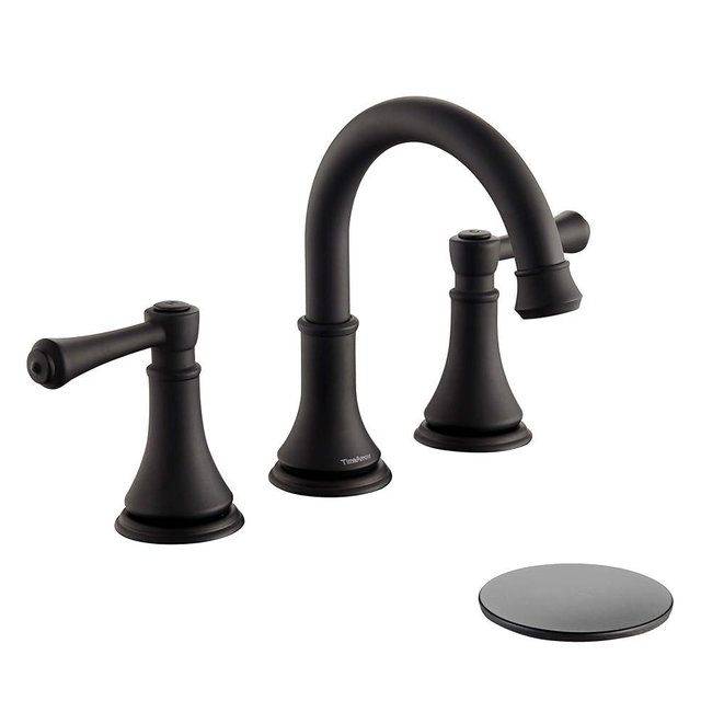 TimeArrow Matte Black 8 inch Widespread Bathroom Sink Faucet 3 Holes with Pop-Up Drain, 2 Handle Modern Bathroom/Vanity/Lavatory Faucet with Brass 360° Swivel Spout, TAF830Y-MB