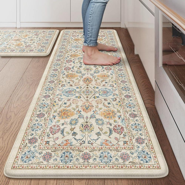 KIMODE Kitchen Anti Fatigue Mats, Boho Oriental Kitchen Rugs Sets of 2, Memory Foam Kitchen Mats for Floor, Waterproof Standing Mat for Sink Laundry Office Desk Cream Colored 20"x47"+20"x32"