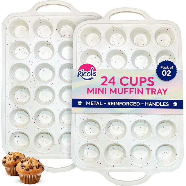RICCLE 2 Pack Silicone Mini Muffin Pan with Metal Reinforced Frame, 24-Cup Mini Cupcake Pans, Mini Muffin Silicone Molds, Silicone Muffin Pans for Baking - Oven & Dishwasher Safe, BPA-Free