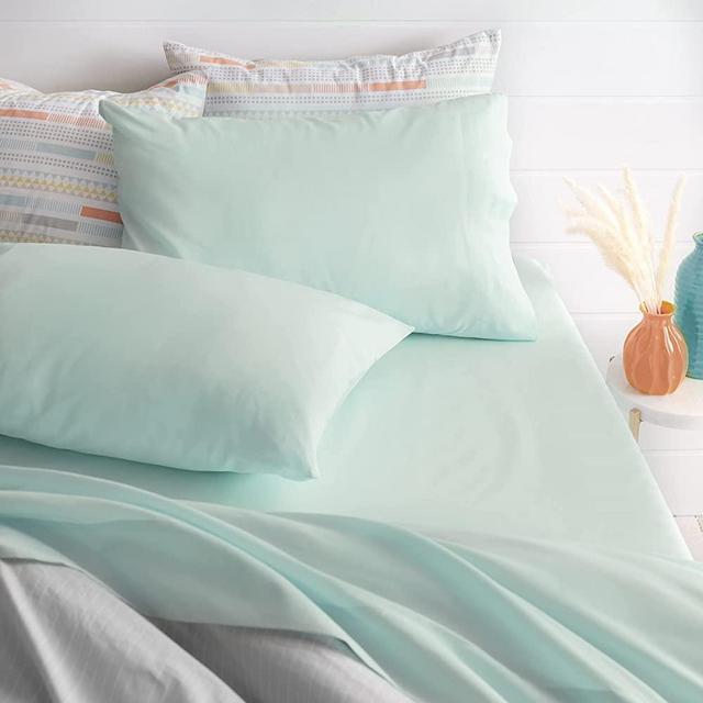 Welspun Basics 100% Cotton Percale Solid Sheet Sets | King | Aqua Blue | Soft & Cool | Durable | Oeko-Tex Certified | Made in Green | 1 Flat Sheet 1 Fitted Sheet 2 King Pillowcases