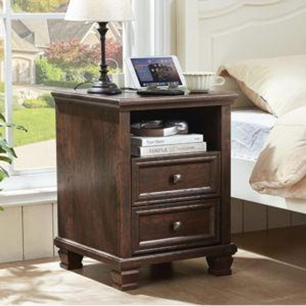 Farmhouse Nightstand with Charging Station, Rustic Brown Nightstand, 2 Drawers End Table, Bedside Table with Open Shelf for Bedroom, Walnut