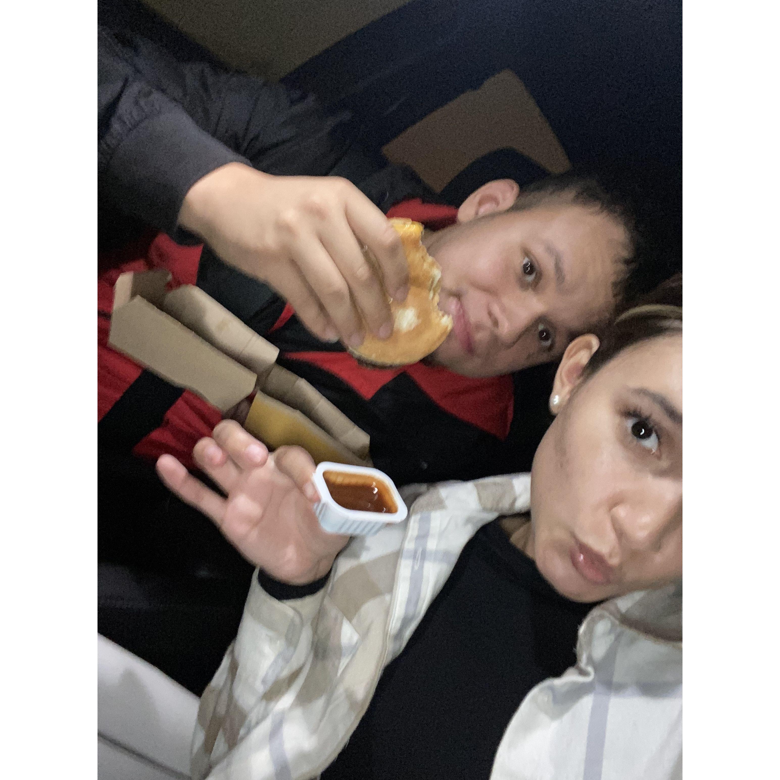 Gabriel used to never eat Mcdonalds until he met Rashel. Now they go every week per tradition.