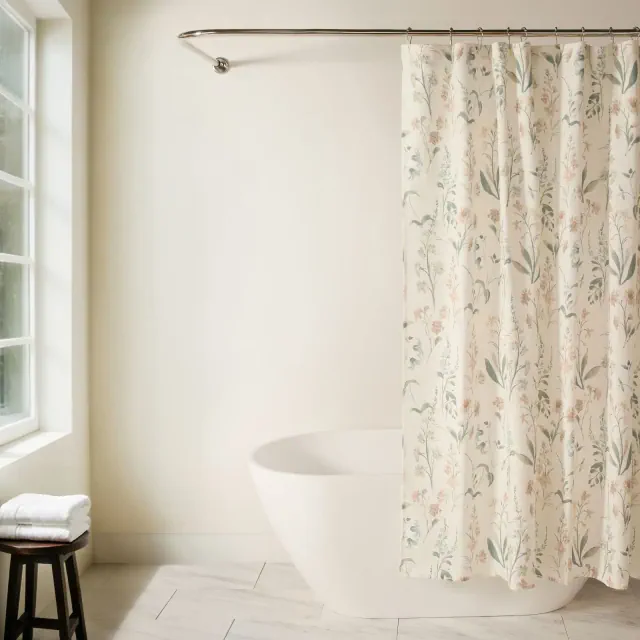 Floral Shower Curtain – 72" x 72" Polyester, Modern Painted Pattern for Bathroom Decor - Becky Cameron, Painted Floral Natural