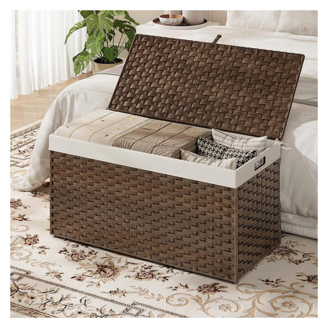 ACOINEL 52.8 Gallon Storage Basket with Lid, Handwoven Wicker Blanket Basket with Handles, Foldable Laundry Basket