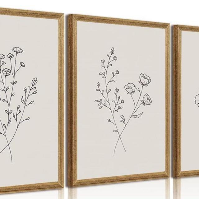 3Pcs Flower Line Minimalist Canvas Wall Art Black and Botanical White Flower Painting Picture Wall Decor Neutral Abstract Plant Poster Print Artwork for Living Room Bedroom Office Home Decoration