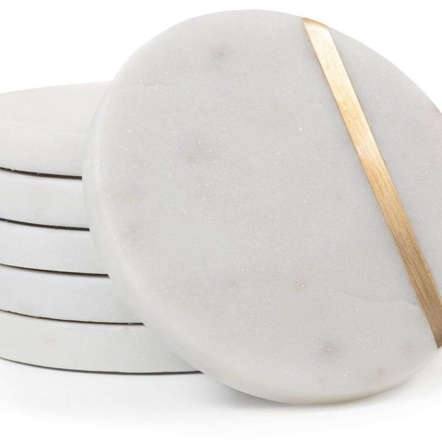 Cork Mill Marble Coasters for Drinks - Set of 6 Handcrafted Modern Coasters - 4" Wide Drink Coasters - White Marble Coasters with Gold Brass Inlay - Made from Real Solid Marble