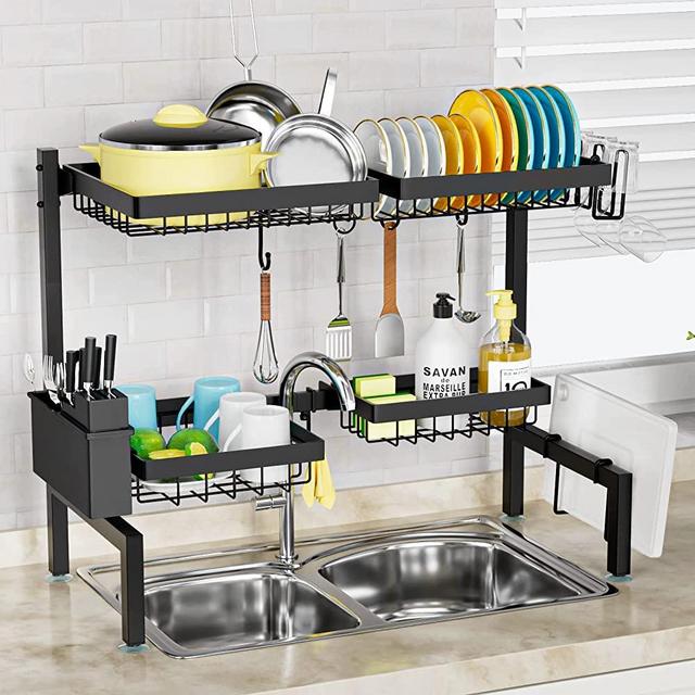 SNSLXH Four Baskets (one More Than Others) Large Sink Rack, 24.8"-35.4",Over The Sink Dish Drying Rack, Two-Tier Large Sink Rack for Kitchen, Retractable and Adjustable, Saving Kitchen Space