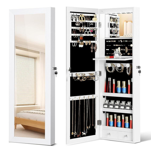 JOYUSAEN Mirror Jewelry Cabinet, Wall/Door Mounted Jewelry Armoire with Full-Length Mirror, Hanging Jewelry Organizer with LED Interior Lights, White