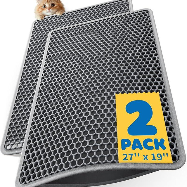 27" x 19" Cat Litter Mats (2-Pack) - Ultra-Large Litter Box Mats with Double Layers, Urine-Proof and Non-Slip Litter Trapping Mats, Easy to Clean Kitty Litter Mats for Floor, Scatter Control, Grey