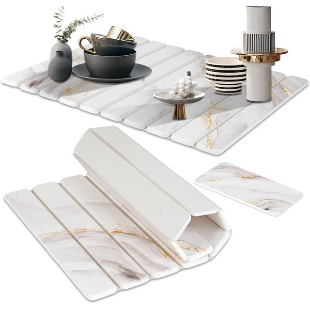 2 PCS | Large Stone Drying Mat for Kitchen Counter | Quick Dry Stone Mat with Sink Caddy | Collapsible Dish Drying Stone | Super Absorbent Stone Mat | Diatomaceous Earth Mat | 24"(L)×15"(W)